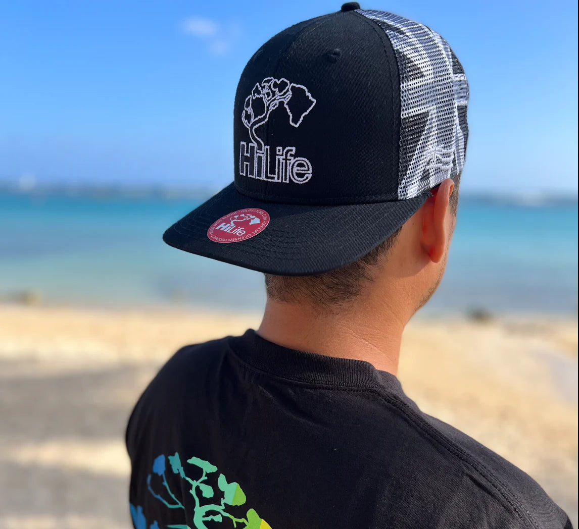 BASIC LOGO Snapback hats Black&White Hawaiian Flag Mesh(hilife)