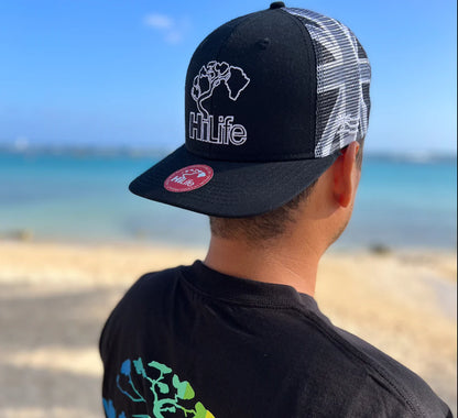 BASIC LOGO Snapback hats Black&White Hawaiian Flag Mesh(hilife)